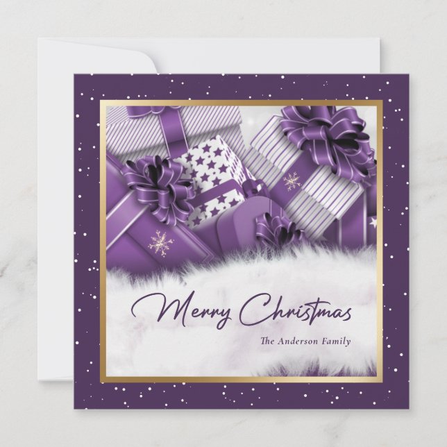 Élégante carte de Noël Joyeux en or violet (Devant)