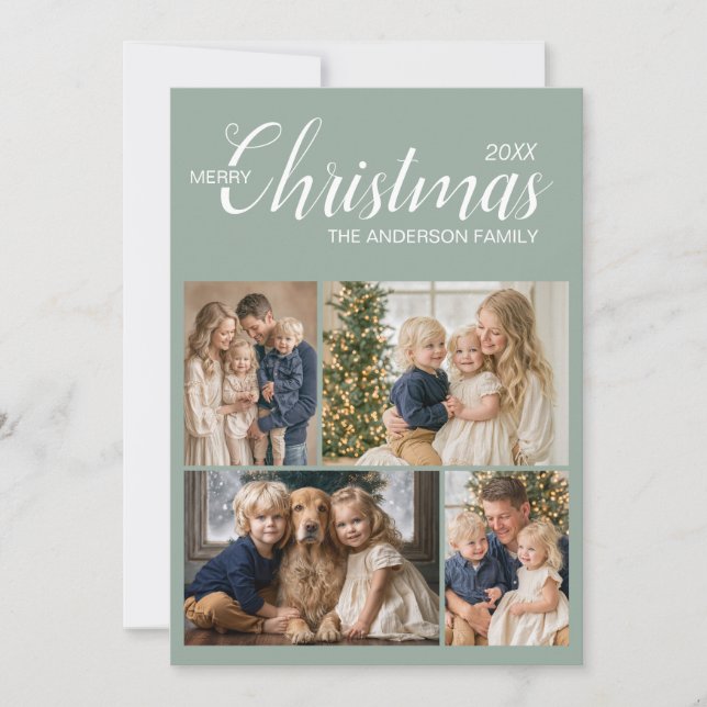 Élégante carte de Noël multi-photos vert sauge (Devant)