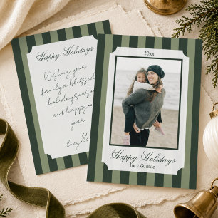 Élégante carte de Noël photo à rayures vert sauge
