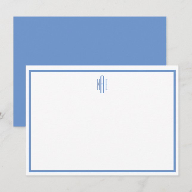 Élégante carte de note plat monographique bleu et  (Devant / Derrière)