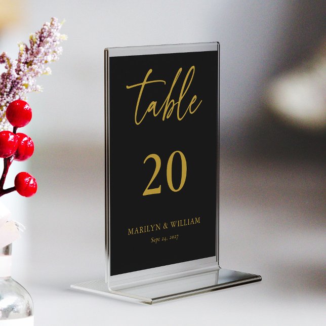 Elégante carte de numéro de table Mariage noir et  (Elegant Black and Gold Wedding Table Number Card)
