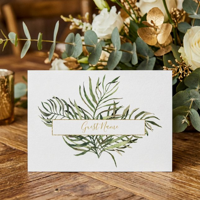Elégante carte de place Feuille verte et or (Elegant Green and gold Leaf Table Place Card.)