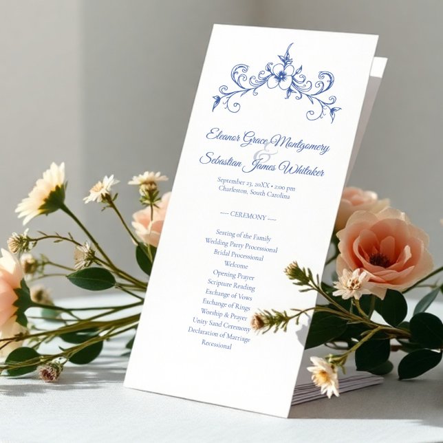 Élégante carte de programme de mariage bleu Vintag (Créateur téléchargé)