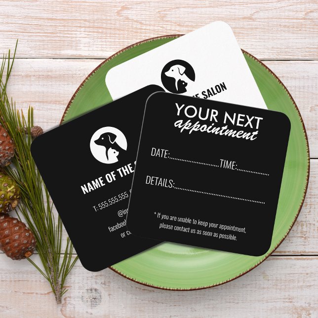Elégante carte de rendez-vous pour le soin des ani (Pet Care Appointment Card with Logo & Cute Animal Art)