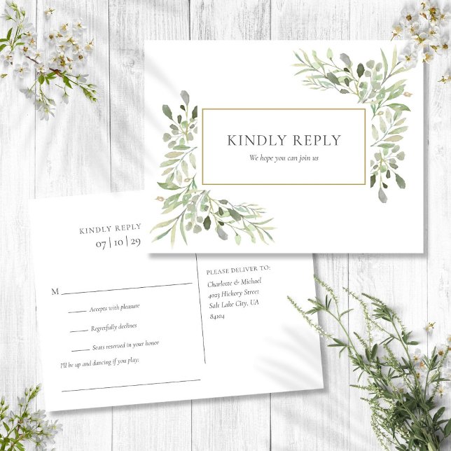 Élégante carte de réponse de mariage à la verdure  (Elegant Watercolor Greenery Wedding RSVP Invitation Postcard)