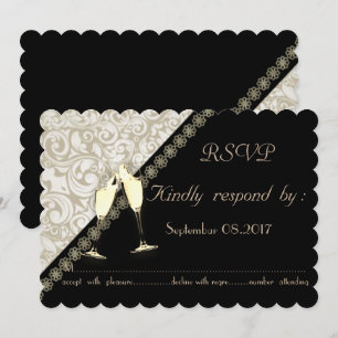 Élégante carte de réponse de mariage noir damassé
