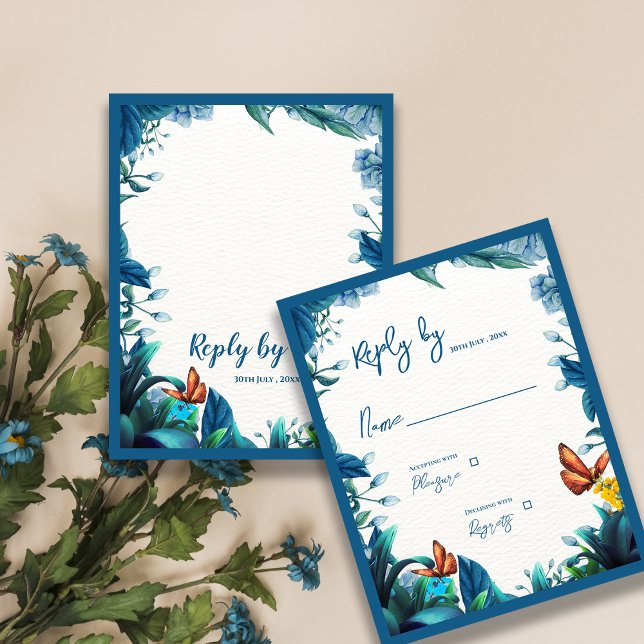 Élégante carte de réponse de mariage papillon au f (Elegant Blue Green Foliage Butterfly Wedding Reply RSVP Card)
