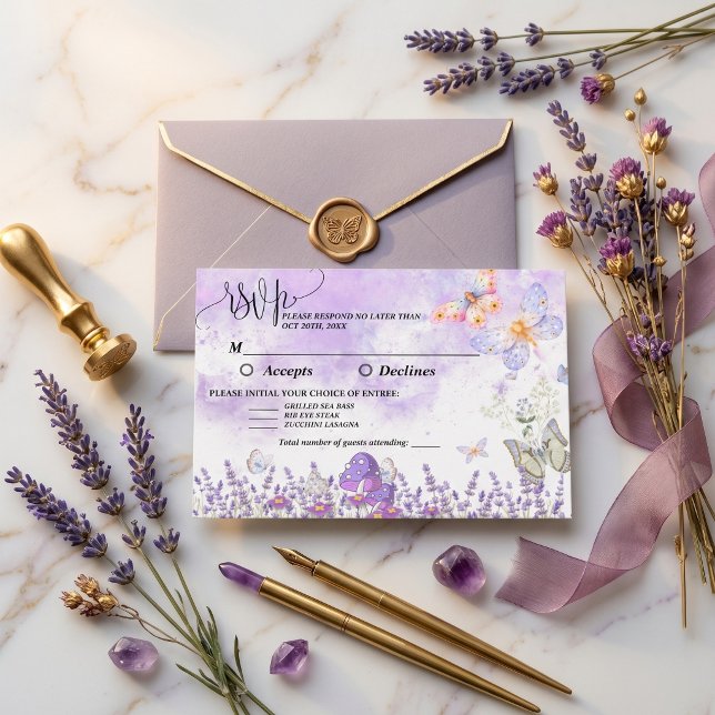 Élégante carte de réponse de mariage papillon noir (Elegant Black and Purple Butterfly Wedding RSVP Card)