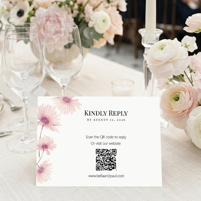 Élégante carte de réponse RSVP avec code QR et fle (Elegant pink floral wedding RSVP card with modern QR code. Easily customize!)