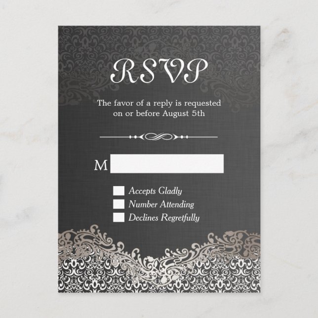 Elégante carte de réponse RSVP Black Argent Damask (Devant)