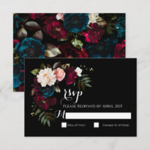 Élégante carte de réponse RSVP Black Floral Weddin