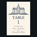 Elégante carte de table Mariage du Manoir du Vieux<br><div class="desc">Célébrez votre journée spéciale avec ces élégants numéros de table présentent un design simple et royal d'un ancien manoir bleu français contre un arrière - plan crème. Un design minimaliste et intemporel au charme vintage. Personnalisez le texte, la police et les couleurs en fonction de vos préférences de conception. Objets...</div>