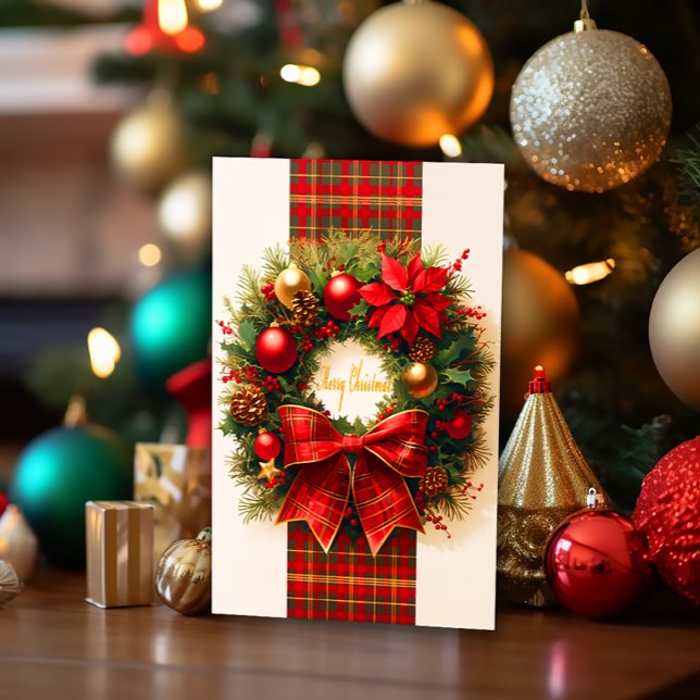 Elégante carte de vacances en couronne de Noël (Elegant Christmas Wreath Tartan Holiday Greeting Card)