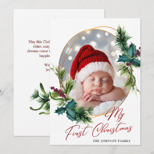Elégante carte de vacances photo de Noël Holly Pin