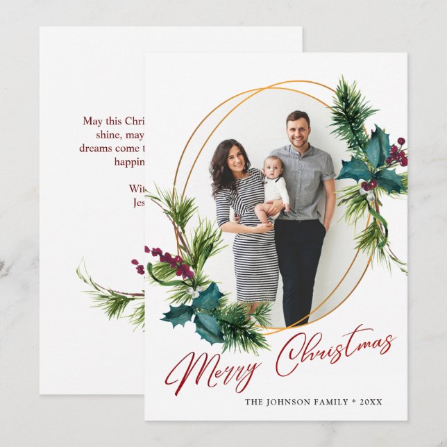 Elégante carte de vacances photo de Noël Holly Pin (Devant / Derrière)