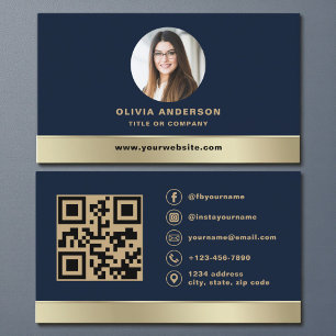 Élégante carte de visite code QR photo bleu marine
