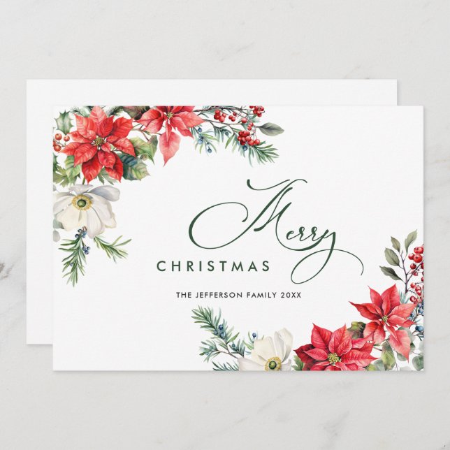 Élégante carte de vœux de Noël avec poinsettia rou (Devant / Derrière)