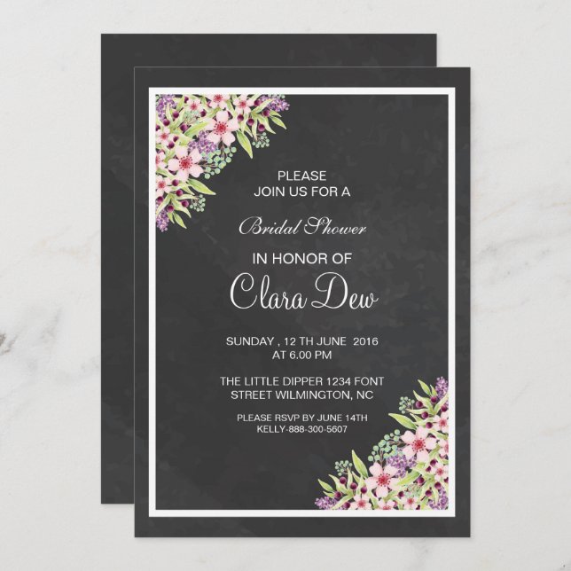 Élégante carte d'invitation à la douche nuptiale f (Devant / Derrière)