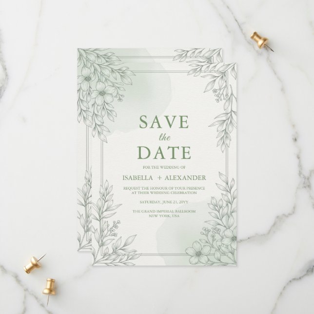 Élégante carte d'invitation florale de verdure de  (Devant/Arrière en situation)