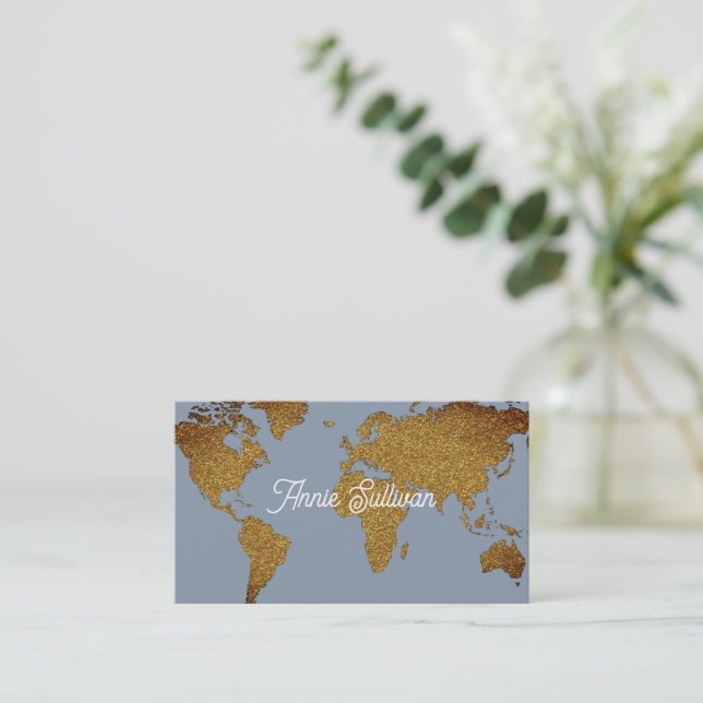 Elégante carte du monde de Faux Gold Dusty Blue (Debout devant)