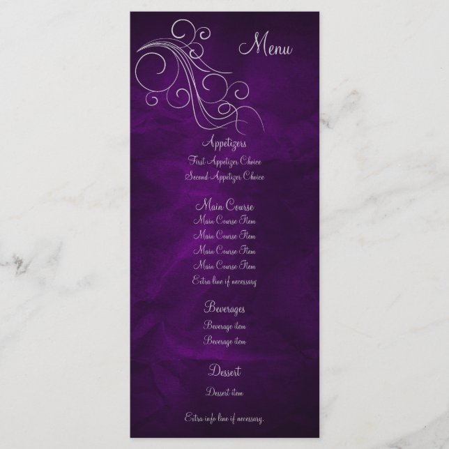 Élégante carte en rack du menu Mariage violet arge (Devant)