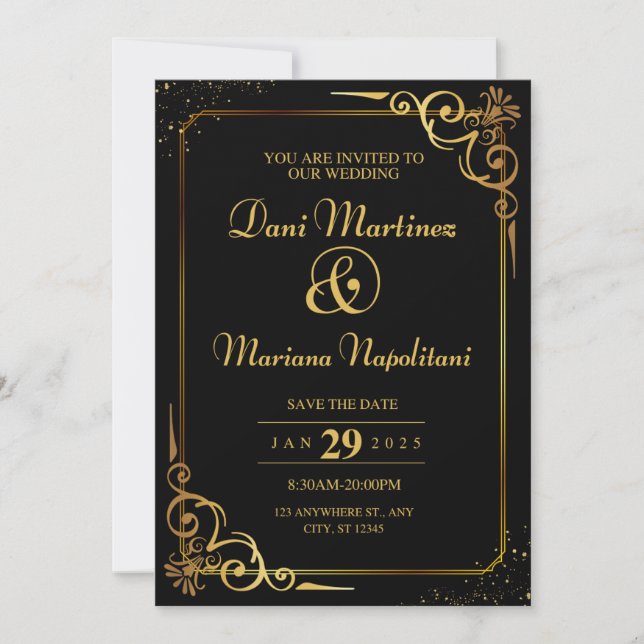 Elégante carte Faire-part de mariage moderne noire (Devant)