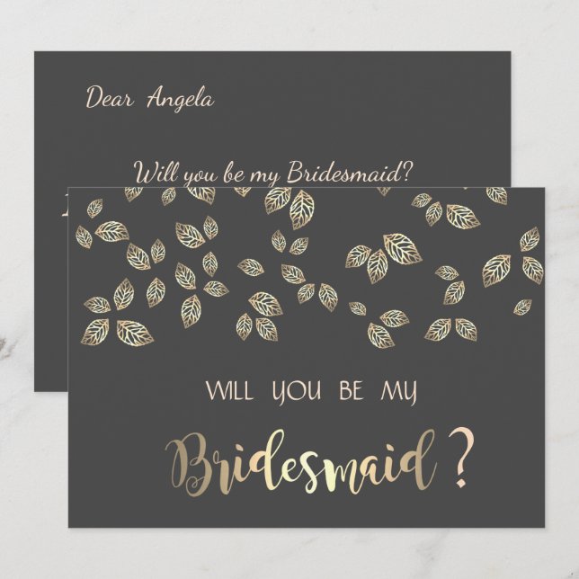 Élégante carte Feuille Bridesmaid Chic Gold (Devant / Derrière)