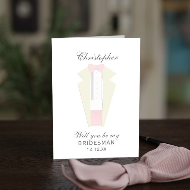 Élégante carte Groomsman Pink Tuxedo Bridesman (An elegant bridal party proposal card featuring a pink and ivory tuxedo. Perfect for your Bridesman)