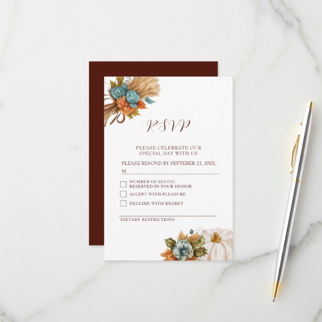 Elégante carte Mariage de automne RSVP Citrouille  (Devant/Arrière en situation)