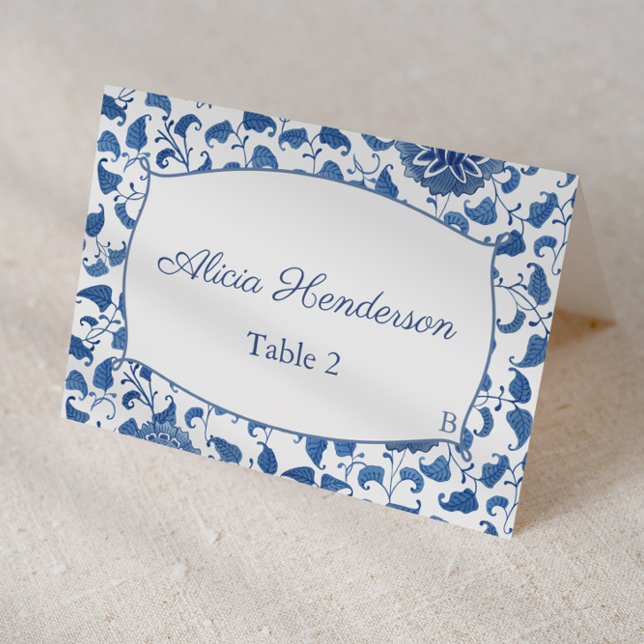 Elégante Carte Mariage Florale Bleue Et Blanche (Individual place card design featuring hand-painted blue and white chinoiserie pattern)