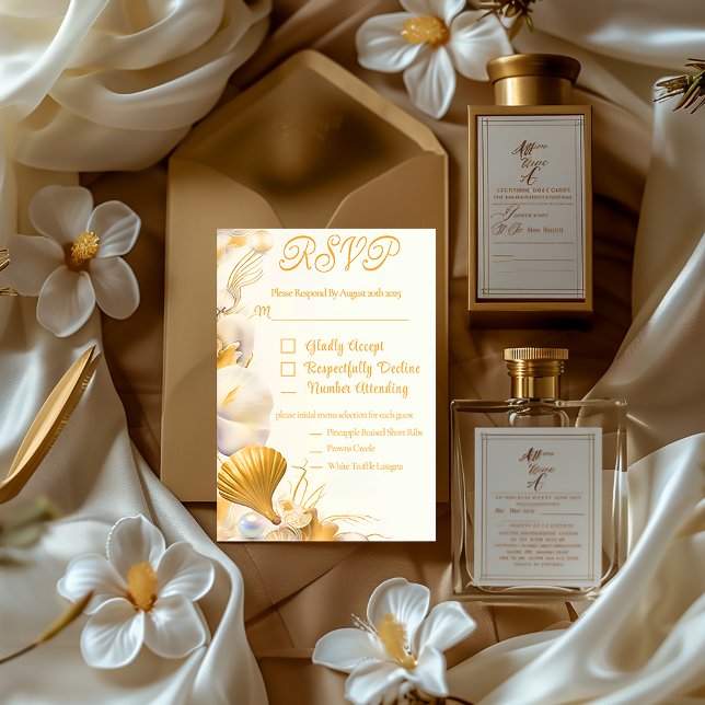 Elégante carte Mariage Gold Seashell RSVP (Elegant Gold and Ivory Coastal RSVP Wedding Enclosure Card )