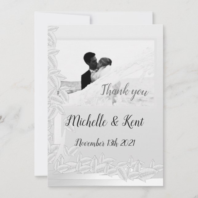Elégante carte Mariage Merci Feuille argent  (Devant)