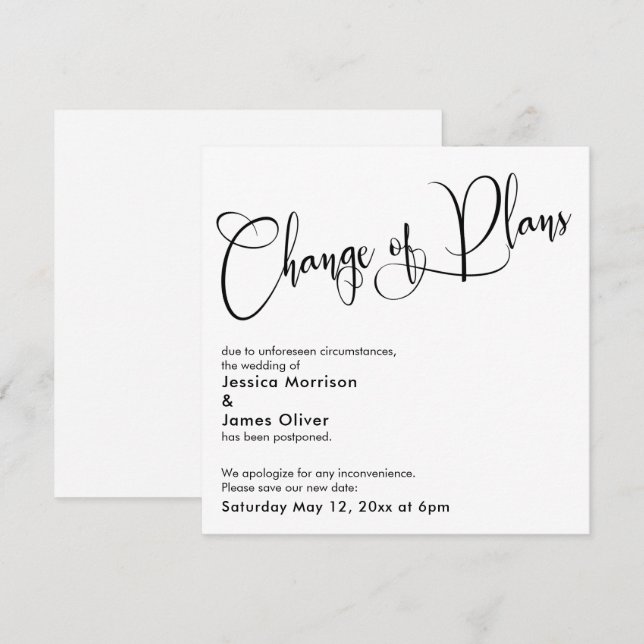 Élégante carte Mariage reportée "Changement de pla (Devant / Derrière)