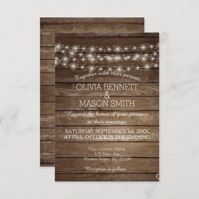 Elégante carte Mariage Rustic Lights (Devant / Derrière)