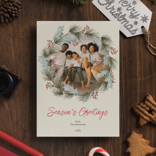 Elégante carte photo de Noël Watercolor Wreath