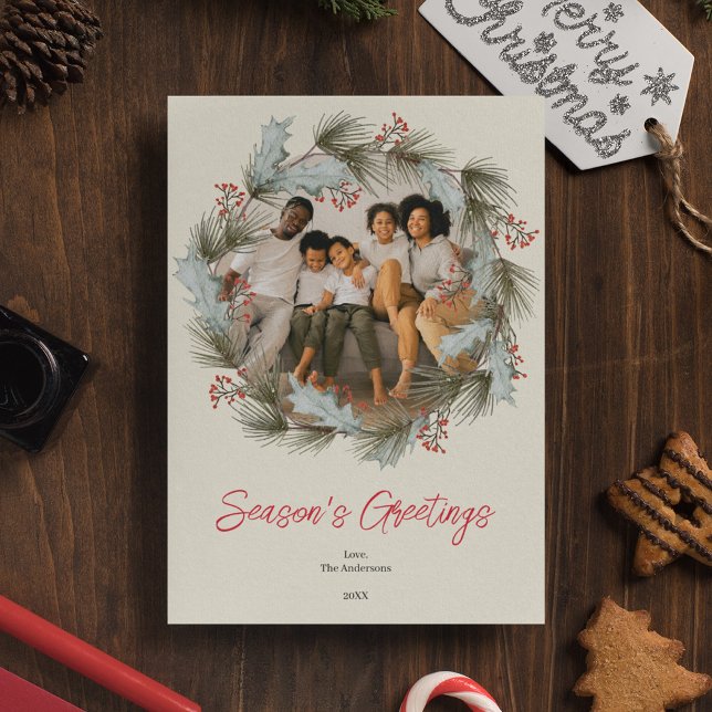 Elégante carte photo de Noël Watercolor Wreath (Créateur téléchargé)