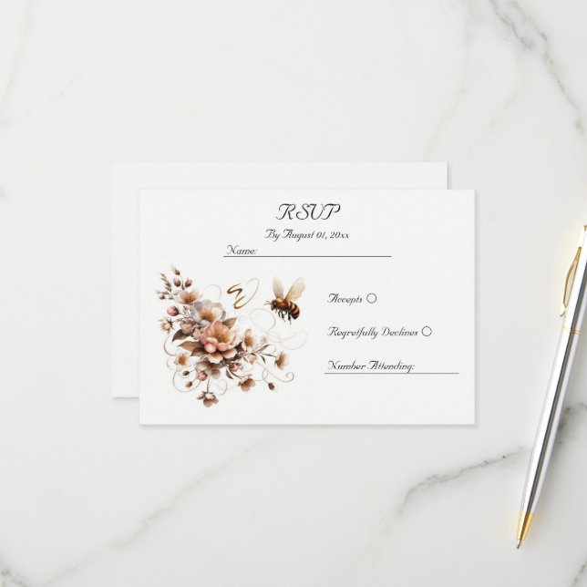 Elégante carte RSVP Bee & Floral Wedding (Devant/Arrière en situation)