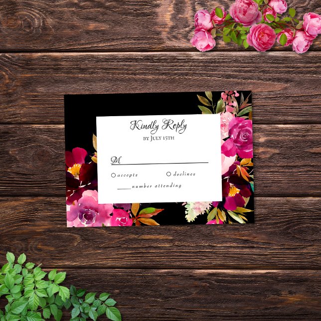 Elégante carte RSVP Black Burgundy Pink Floral Fra (Créateur téléchargé)