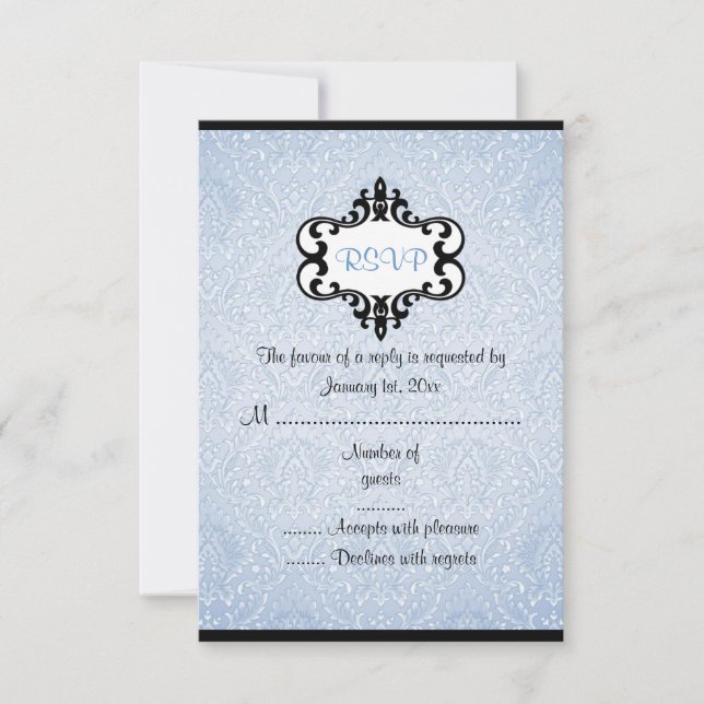 Elégante carte RSVP bleu & noir Chic Damask (Devant)