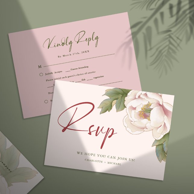 Elégante carte RSVP Blush Pink Peony Floral Weddin (Créateur téléchargé)