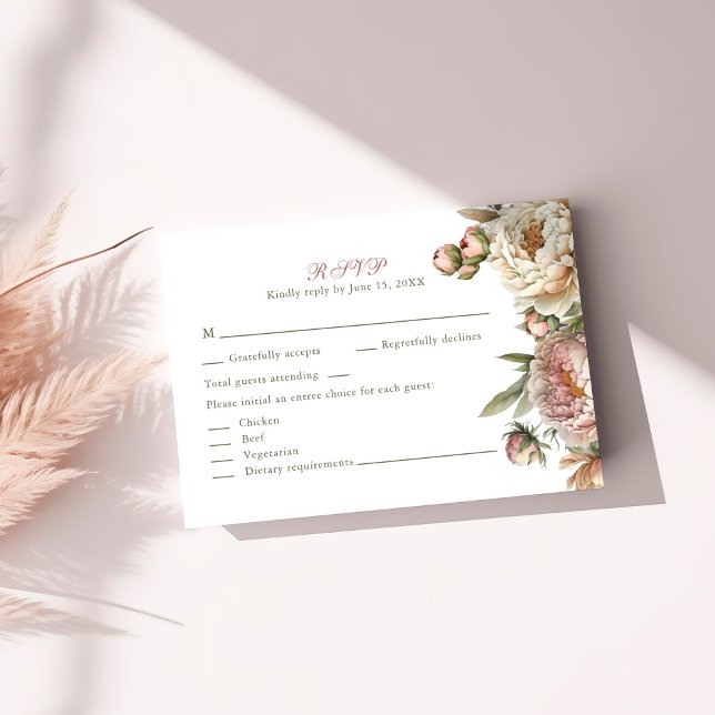 Elégante carte RSVP Blush Watercolor Peonies (Elegant Blush Watercolor Peonies RSVP Card on a sunny table.)