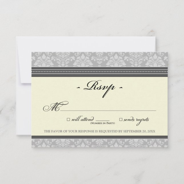 Elégante carte RSVP Damask (argent/crème) (Devant)