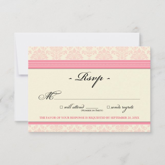 Elégante carte RSVP Damask (rose/crème) (Devant)