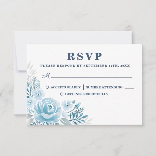 Elégante carte RSVP de mariage bleu floral Dusty (Devant)