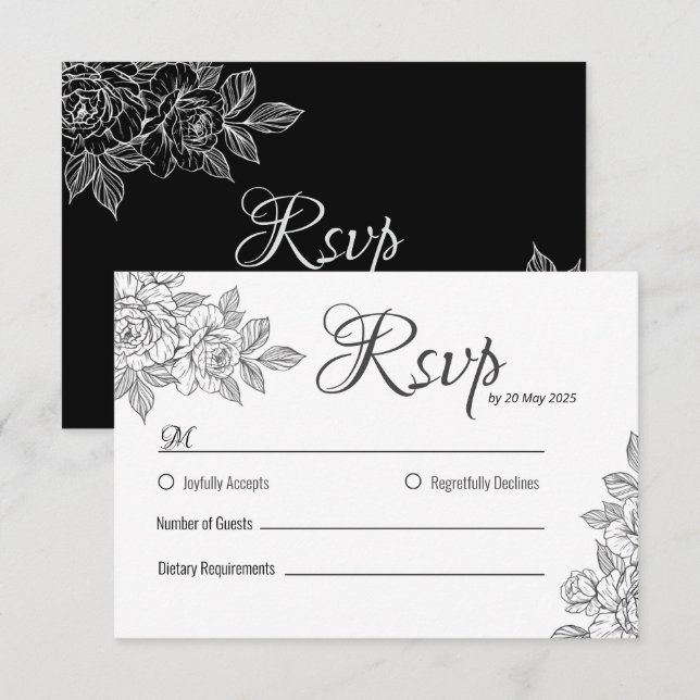 Elégante carte RSVP de mariage floral noir et blan (Devant / Derrière)