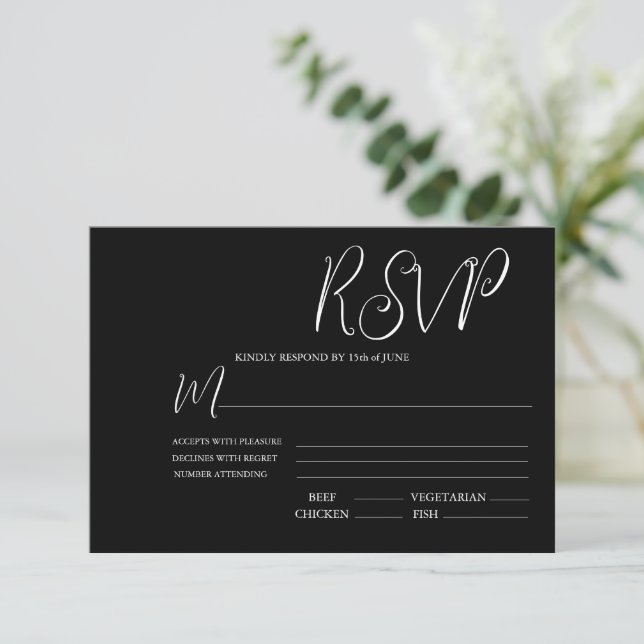 Elégante carte RSVP de mariage noir et blanc (Debout devant)