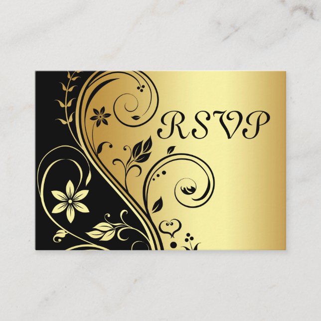 Elégante carte RSVP Gold & Black Floral Scroll (Devant)