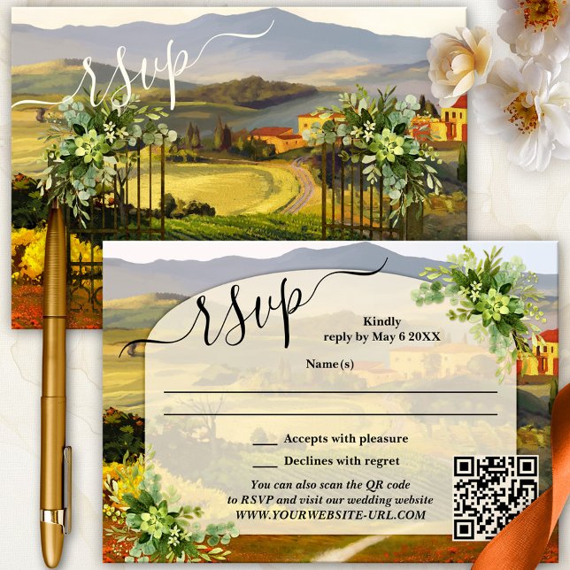 Elégante carte RSVP Mariage campagnard italienne (Elegant wedding RSVP card featuring a fine art painting of an Italian Tuscan landscape with script)