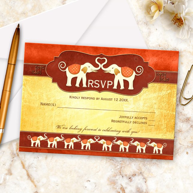 Elégante carte RSVP mariage Eléphants blancs asiat (RSVP card featuring two cute elephants in love, cheered on by their families and tribe)