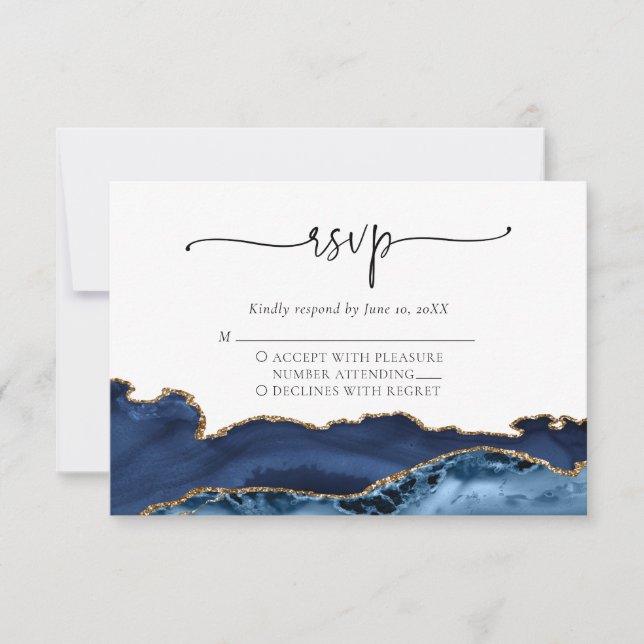Elégante carte RSVP Marine Blue Gold Agate Wedding (Devant)